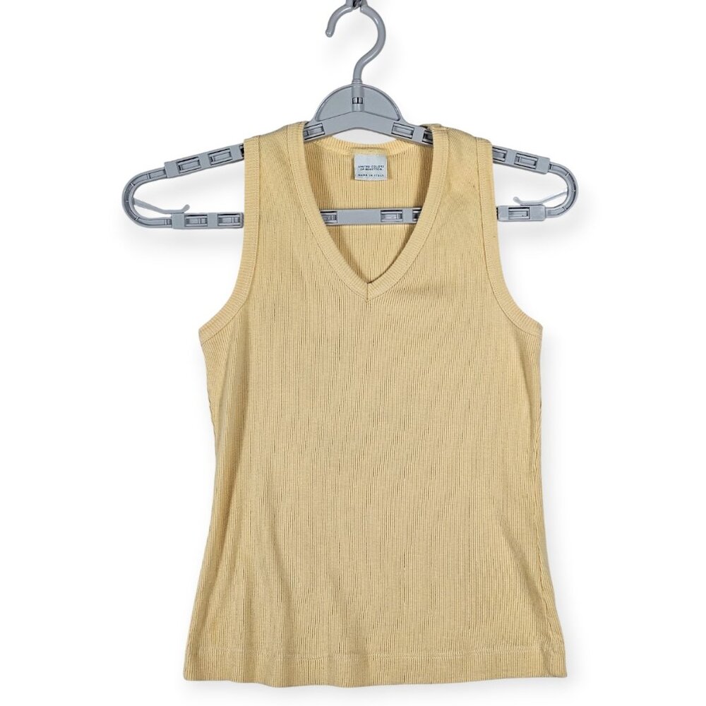 United Colors of Benetton Pale Yellow Ribbed V-Neck Tank Top Women's Made in Ita